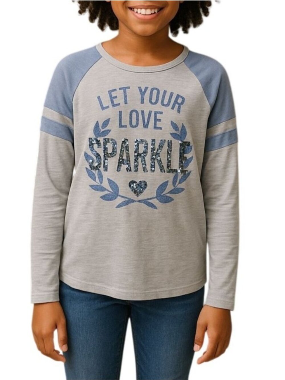 Childrens Place Girls XL 14 Gray Blue Top Sequin "Let Your Love Sparkle" Design